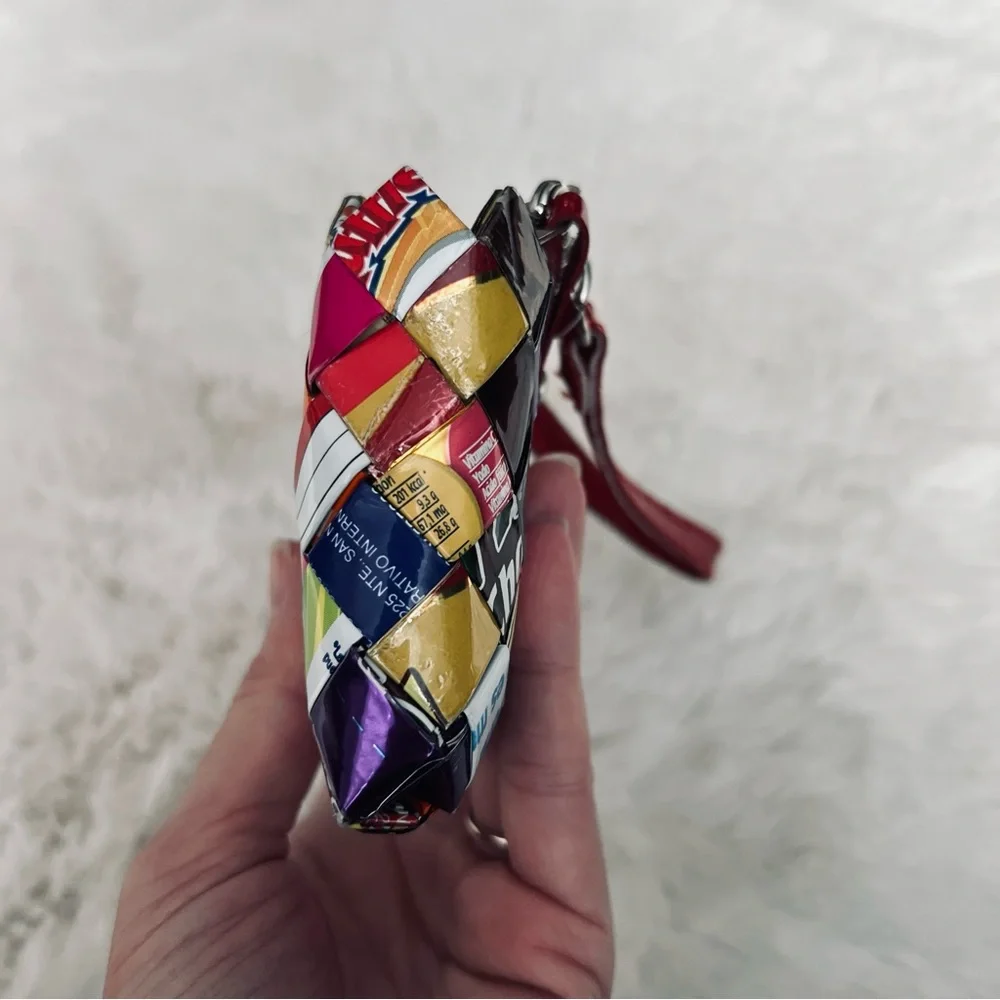 NAHUI OLLIN Woven Multi Color Wrapper Small Wristlet with Red Strap